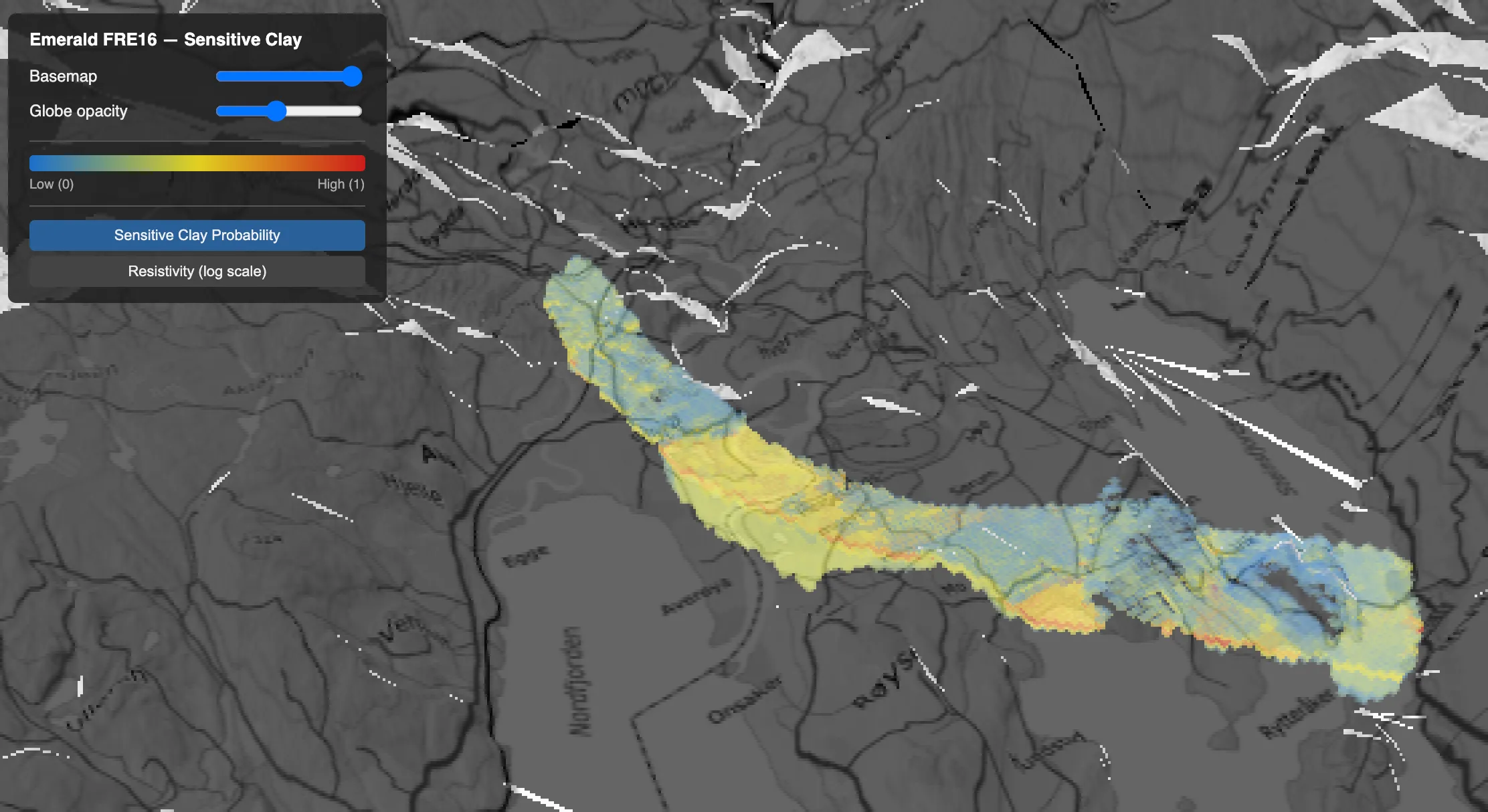 Emerald FRE16 sensitive clay probability overlay on Norwegian terrain in CesiumJS