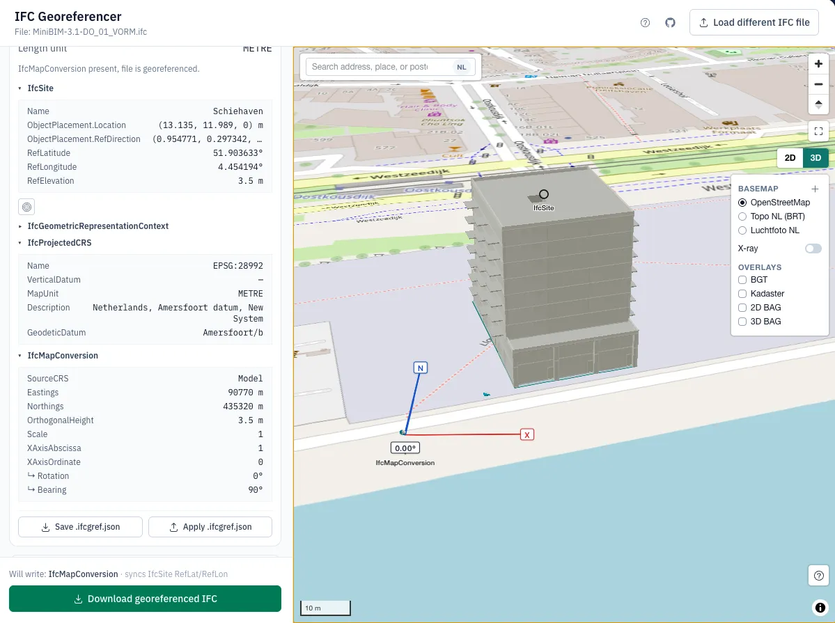 IFC model placed on a map in the IFC Georeferencer browser tool