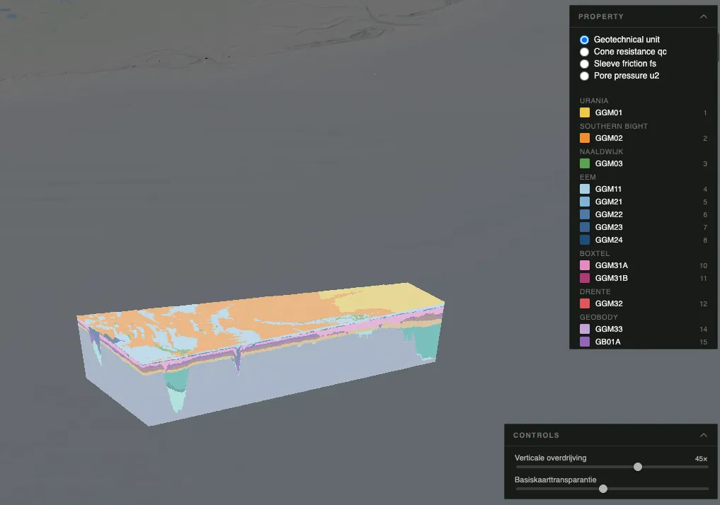 Ten noorden van de Waddeneilanden ground model as 3D voxels in CesiumJS